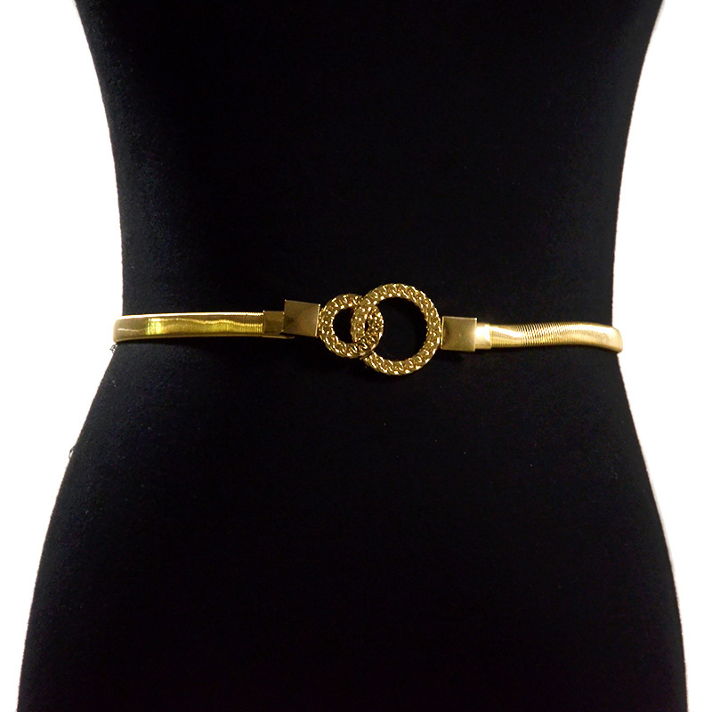 Transfronterizo de las mujeres de metal primavera cadena de la cintura de la hoja de loto decorativo hebilla de metal doble redondo cadena elástica delgada