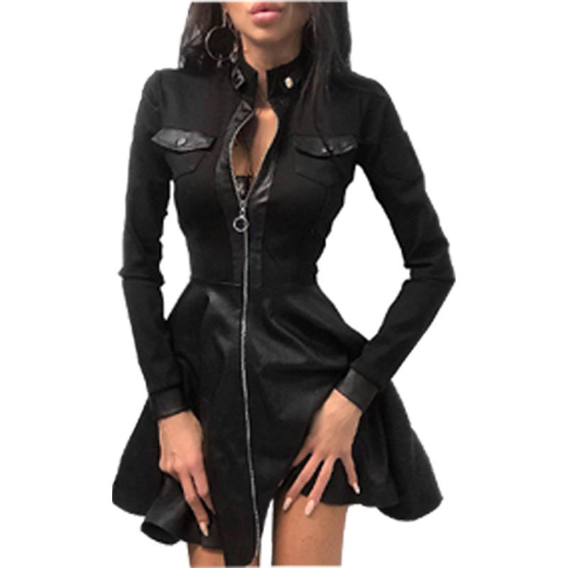 2026 Autumn/Winter New Cross-Border Women's Dress Amazon Hot-Selling European and American Fashion Pu Leather Patchwork Waist-Cinching Dress