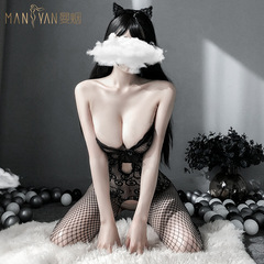 Manny's Sexy Lingerie: Elegant Strappy Hollowed Bodysuit with Mesh Stockings—Wholesale Intimate Apparel Item 7943