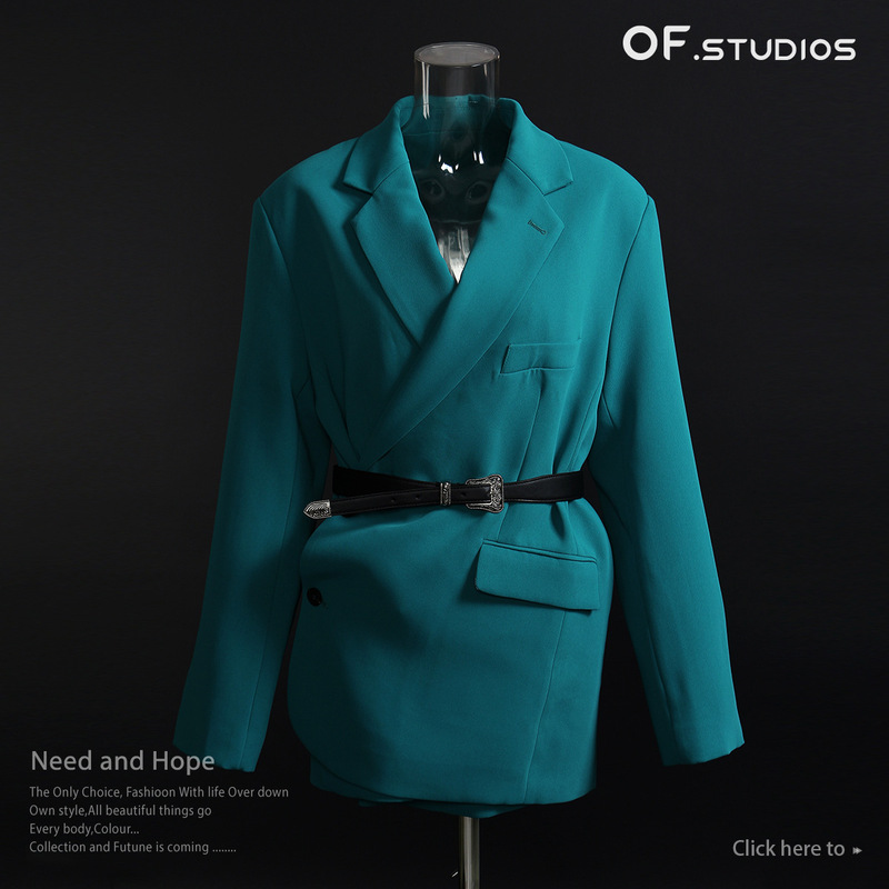 Special Clearance! Two Buttons on Both Sides with Belt and Shoulder Pads Suit Jacket with Belt 1413