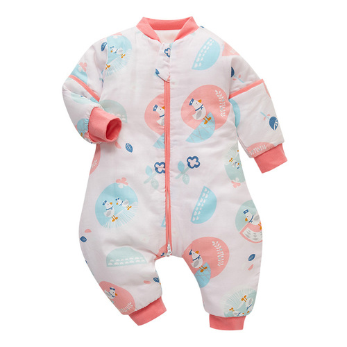 Children's sleeping bag for autumn and winter, anti-kicking, baby one-piece suit, gauze sleeping bag, winter interlayer 200g, thick leg opening baby sleeping bag