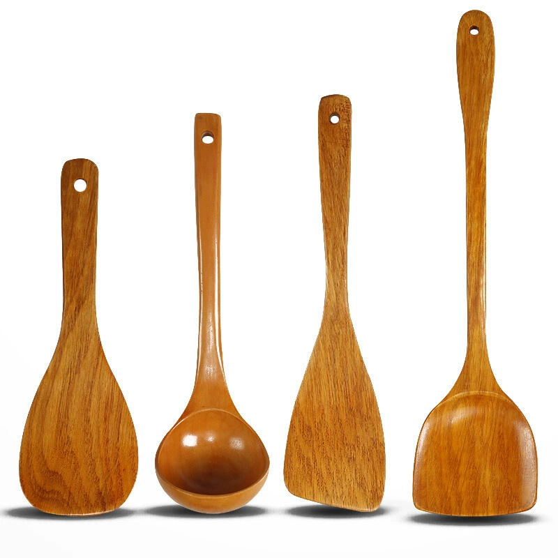 Chinese kitchen utensils kitchen long handle wooden spatula soup rice spoon set cooking four-piece set non-stick wok cooking spatula wholesale