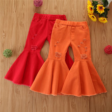 SAMGAMI BABY速卖通春秋儿童牛仔裤 欧美洋气女童纯色破洞喇叭裤