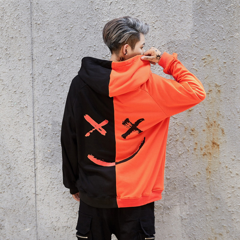 Cross-border foreign trade Men's spring and autumn leisure fashion color matching smiley face sweater men's long sleeve sports hooded jacket men's coat