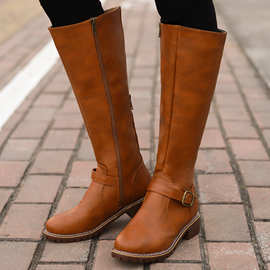 跨境靴子女外贸2020秋冬新款欧美高筒靴骑士靴大码43平底女式皮靴