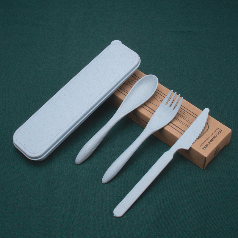 Cuchillo diario de trigo, tenedor y cuchara conjunto de tres piezas cuchillo de cena portátil de viaje para estudiantes, tenedor de fideos, cuchara de sopa 3 piezas logo