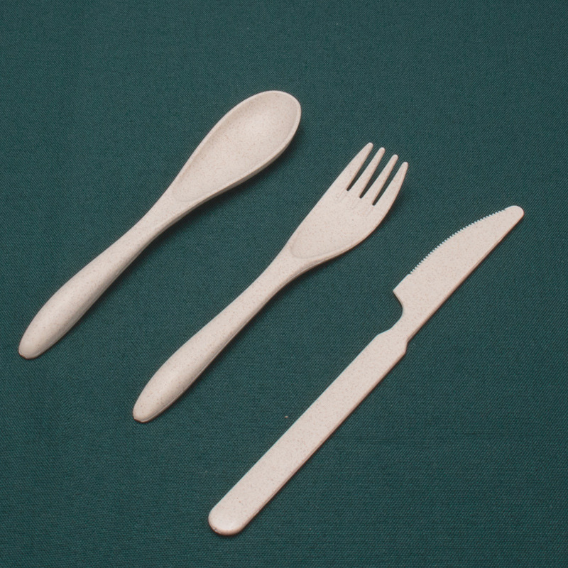 Cuchillo diario de trigo, tenedor y cuchara conjunto de tres piezas cuchillo de cena portátil de viaje para estudiantes, tenedor de fideos, cuchara de sopa 3 piezas logo