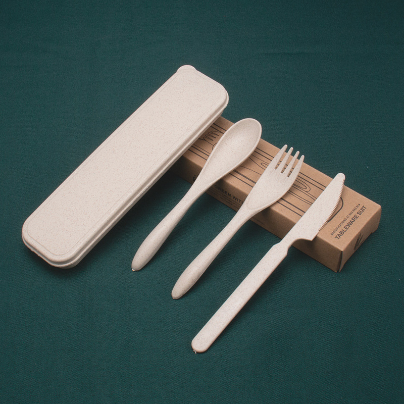 Cuchillo diario de trigo, tenedor y cuchara conjunto de tres piezas cuchillo de cena portátil de viaje para estudiantes, tenedor de fideos, cuchara de sopa 3 piezas logo