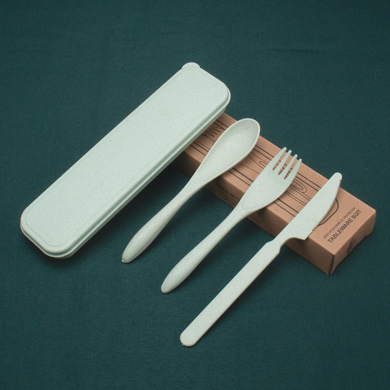 Cuchillo diario de trigo, tenedor y cuchara conjunto de tres piezas cuchillo de cena portátil de viaje para estudiantes, tenedor de fideos, cuchara de sopa 3 piezas logo