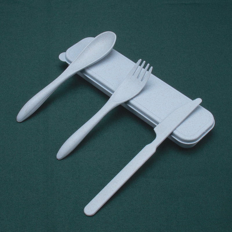 Cuchillo diario de trigo, tenedor y cuchara conjunto de tres piezas cuchillo de cena portátil de viaje para estudiantes, tenedor de fideos, cuchara de sopa 3 piezas logo