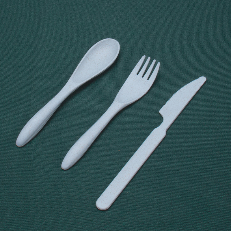 Cuchillo diario de trigo, tenedor y cuchara conjunto de tres piezas cuchillo de cena portátil de viaje para estudiantes, tenedor de fideos, cuchara de sopa 3 piezas logo