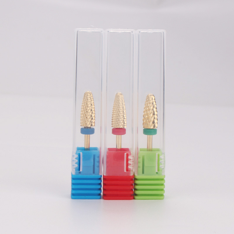 Cabeza de pulido de acero de tungsteno para uñas Cabeza de pulido de acero de tungsteno dorado en forma de bala de maíz único