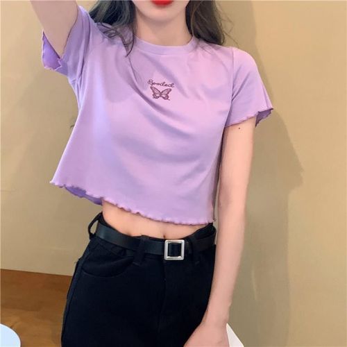 2025 Summer High-Waisted Crop-Top T-Shirt for Women, Slimming and Fashionable, Versatile Butterfly Embroidered Short-Sleeve Top for Women