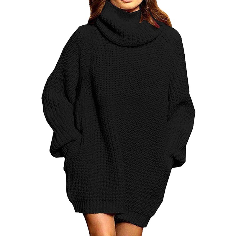Amazon European and American Cross-Border Autumn and Winter New Fashion Long-Sleeved Turtleneck Pocket Midi Dress Loose Sweater for Women