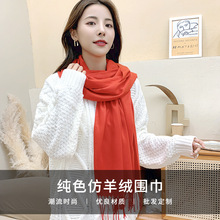 2025秋冬季新款韩版仿羊绒围巾女士纯色保暖披肩年会流苏红围巾