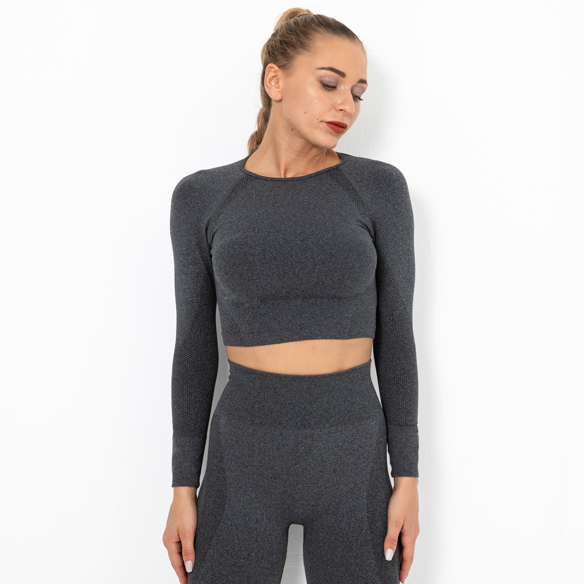 Liquidación: Top de manga larga de punto sin costuras, sexy, de color sólido, ropa de yoga para mujer, camiseta deportiva transpirable para correr y hacer ejercicio.