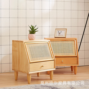 Nordic Solid Wood Rattan Bedside Table Simple Modern Bedroom Storage Cabinet for Homestay Hotel Japanese Style Bedside Bookcase