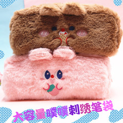 2023 cross-border large-capacity puff pencil bag cute bear student plush stationery bag pencil case soft wallet