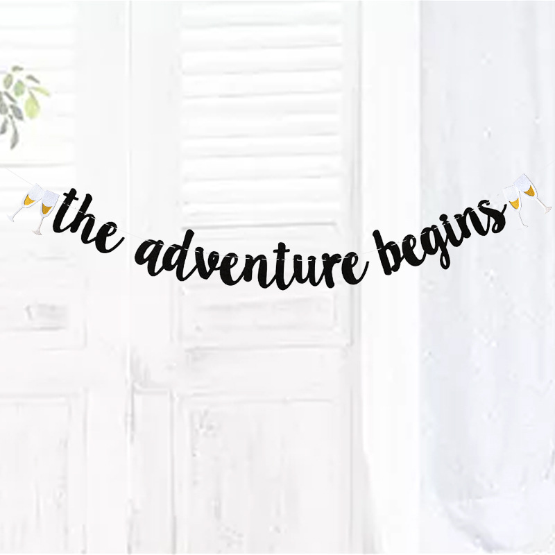 Acampar al aire libre boda vino vidrio tire bandera La aventura comienza Glitter hogar etiqueta de la pared colgante Decoración