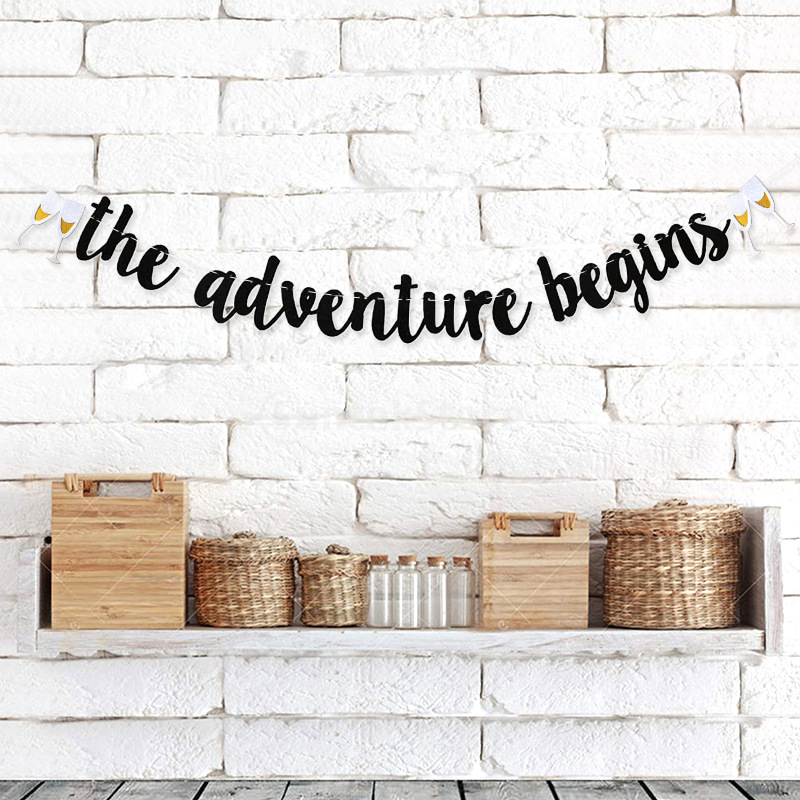 Acampar al aire libre boda vino vidrio tire bandera La aventura comienza Glitter hogar etiqueta de la pared colgante Decoración