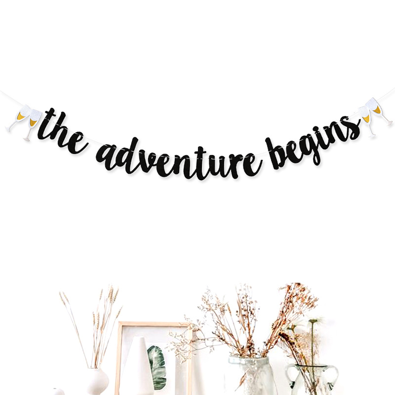 Acampar al aire libre boda vino vidrio tire bandera La aventura comienza Glitter hogar etiqueta de la pared colgante Decoración
