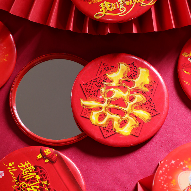 Venta al por mayor de boda espejo rojo novia portátil mini espejo cosmético espejo de mano nuevo espejo festivo de presión de la cintura