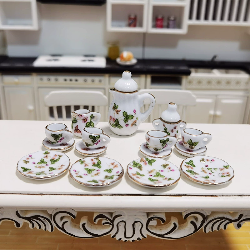 Миниатюрный керамический чайный набор для кукольного домика, клубничный рисунок, 12 деталей для игры