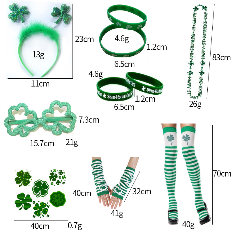 Festival irlandés trébol cabeza hebilla etiqueta gafas día de San Patricio pulsera cadena gafas combinación traje