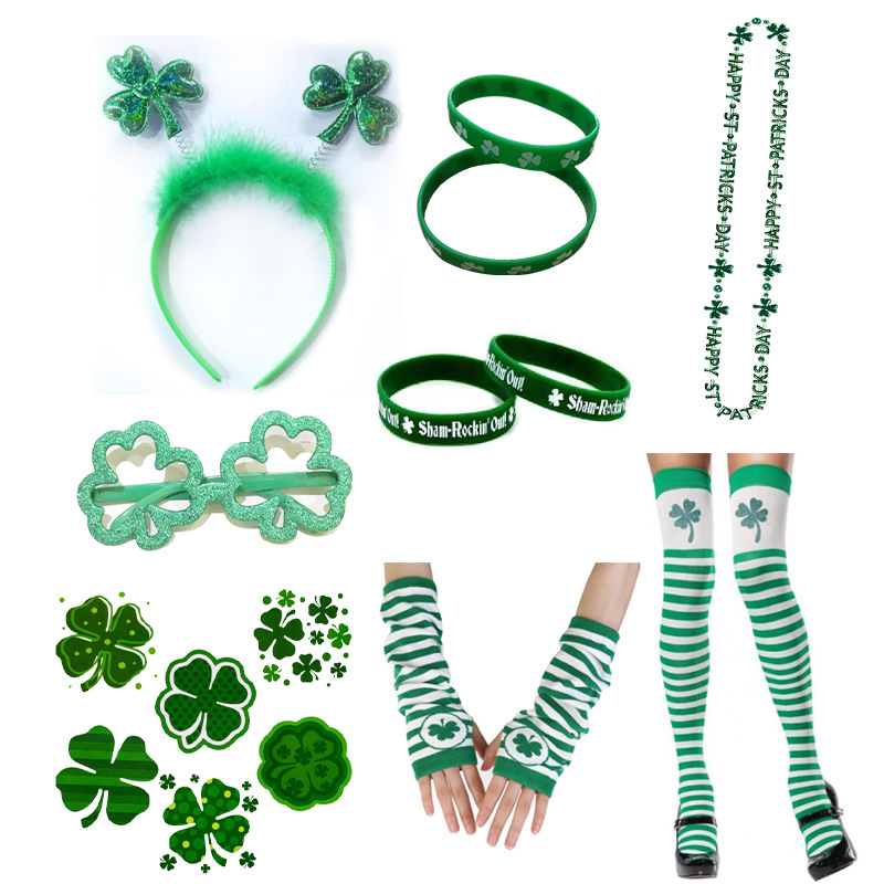 Festival irlandés trébol cabeza hebilla etiqueta gafas día de San Patricio pulsera cadena gafas combinación traje
