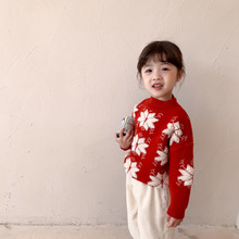 儿童毛衣2024冬款女童韩版立体雪花毛衣儿童圣诞毛衣红色上衣年服