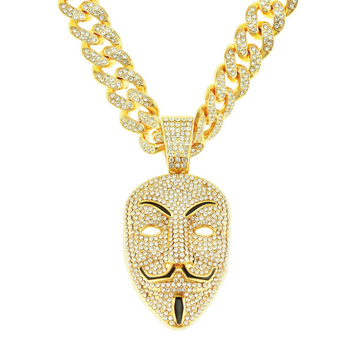 Elegant and Luxurious Diamond-Encrusted Mask Pendant Necklace for Nightclub Rave, Stylish and Trendy Cuban Chain Accessory