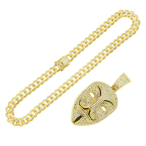 Elegant and Luxurious Diamond-Encrusted Mask Pendant Necklace for Nightclub Rave, Stylish and Trendy Cuban Chain Accessory