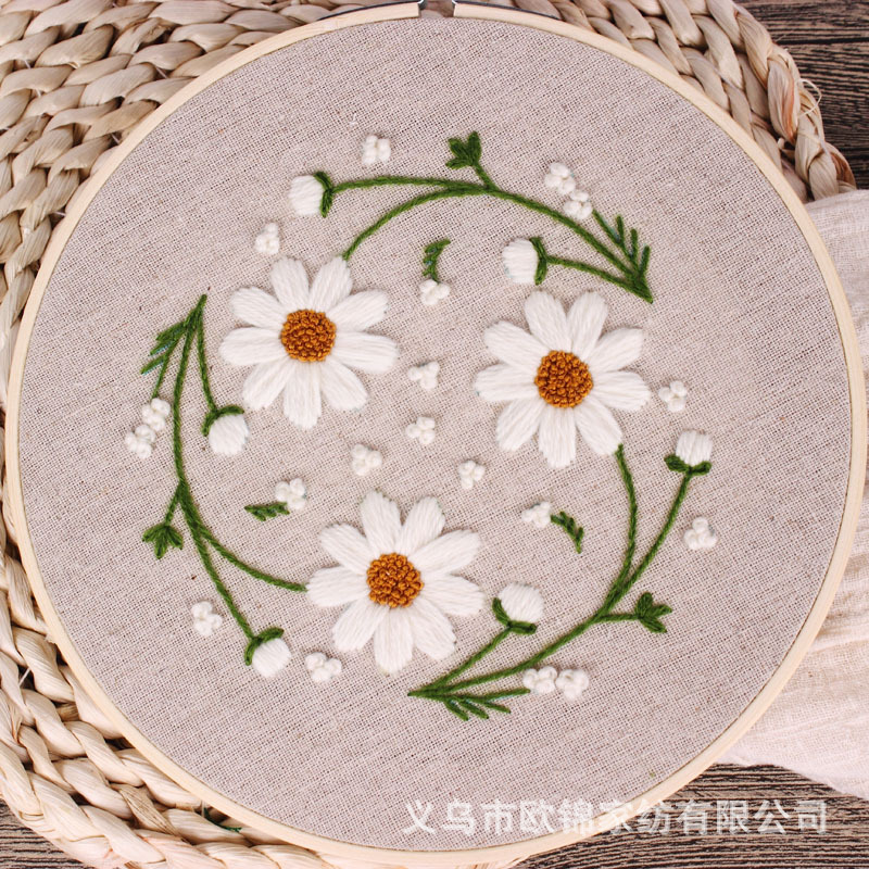 Margarita fresca hecha a mano DIY tela novato bordado europeo flores y plantas material paquete kit costura traje vida