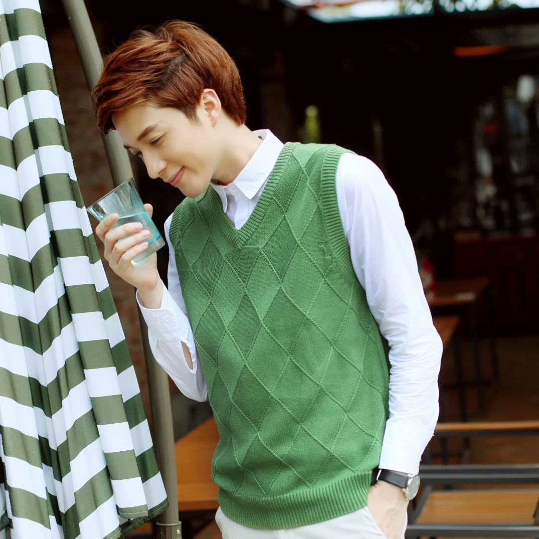 Мужской шерстяной жилет, пуловер, свитер без рукавов из чистого хлопка, однотонный корейский Молодежный свитер с V-образным вырезом, жилет для мужчин