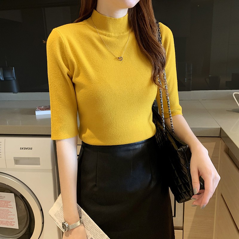 Summer new Korean style half turtleneck bottoming shirt Women's slim fit inner pullover thin half sleeve sweater top