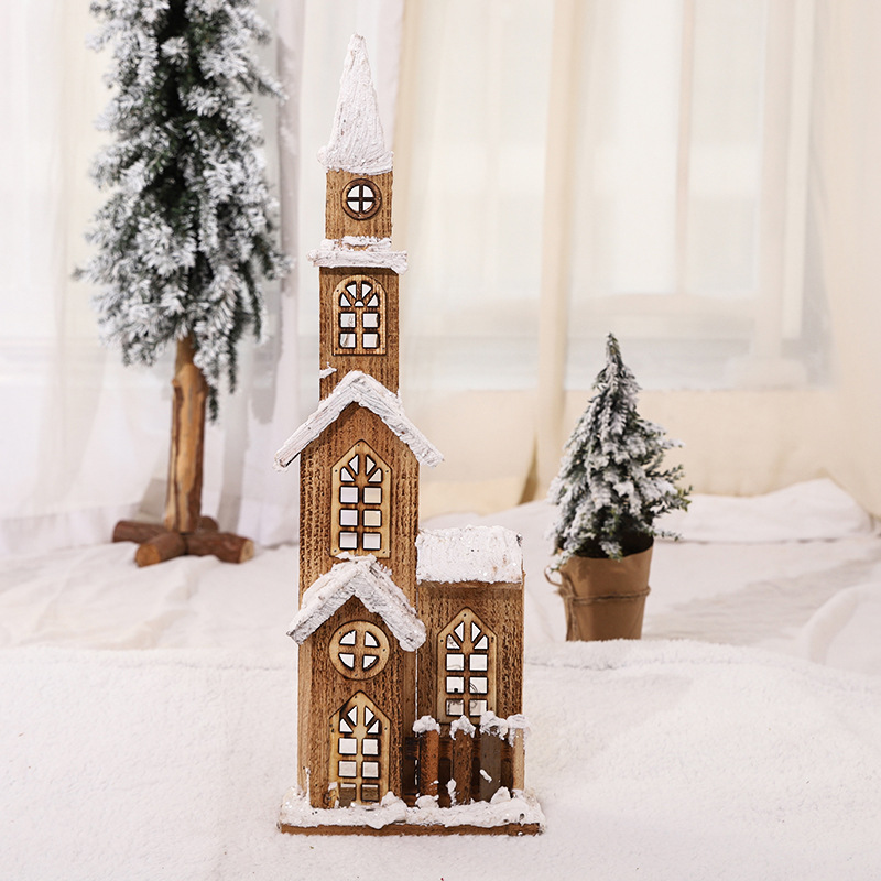 Castello incantato di Natale in legno illuminato – Decorazione natalizia in stile casa di paese innevata per tavolo, camino o albero di Natale (4 misure e colori)_voghion.com