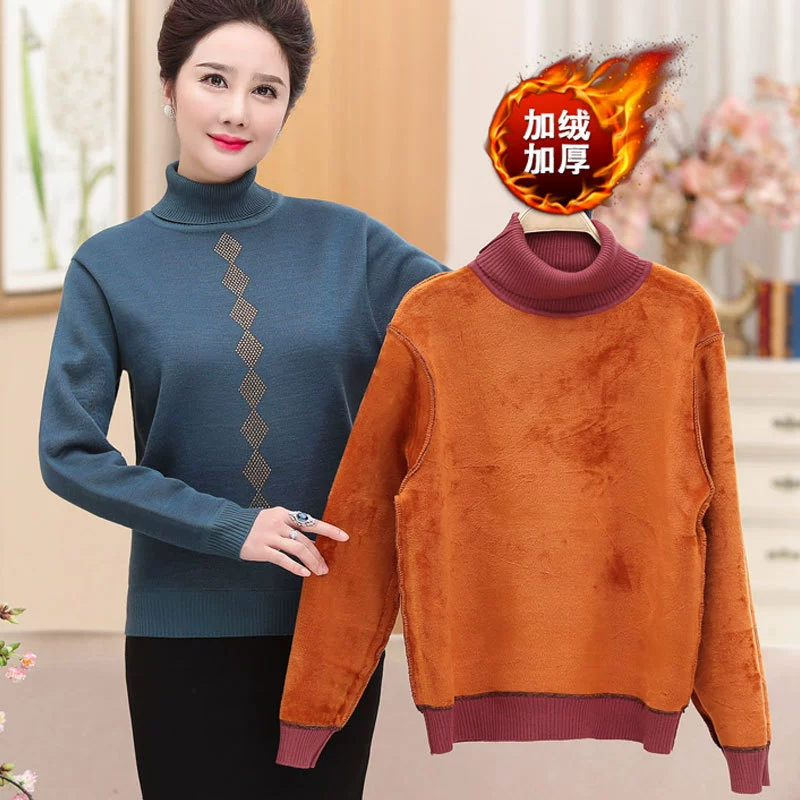 Свитер на флисовой подкладке для матери, осень и зима, женский свитер пожилого возраста, утолщенная рубашка с высоким воротником, платье для бабушки, Свободный теплый топ