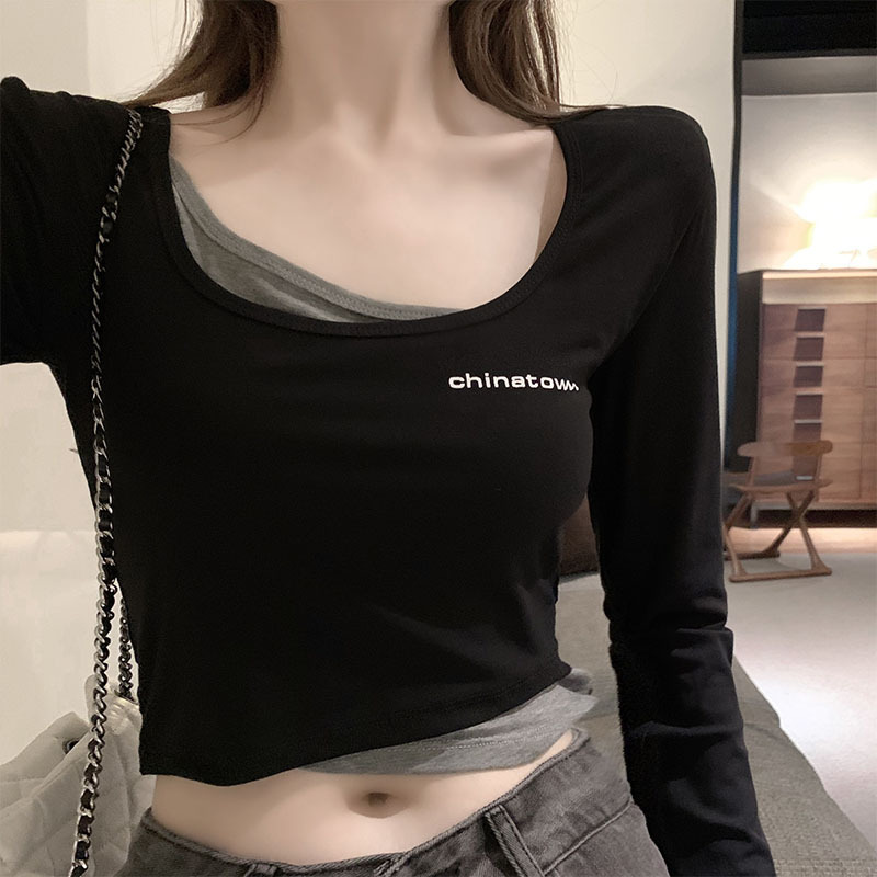 Spring Black Faux Two-Piece Short Base Shirt for Women, High-Waisted Inner Wear with Unique Design, Square Neck Long-Sleeve T-Shirt for Summer Spring Black Faux Two-Piece Short Base Shirt for Women, High-Waisted Inner Wear with Unique Design, Square Neck Long-Sleeve T-Shirt for Summer