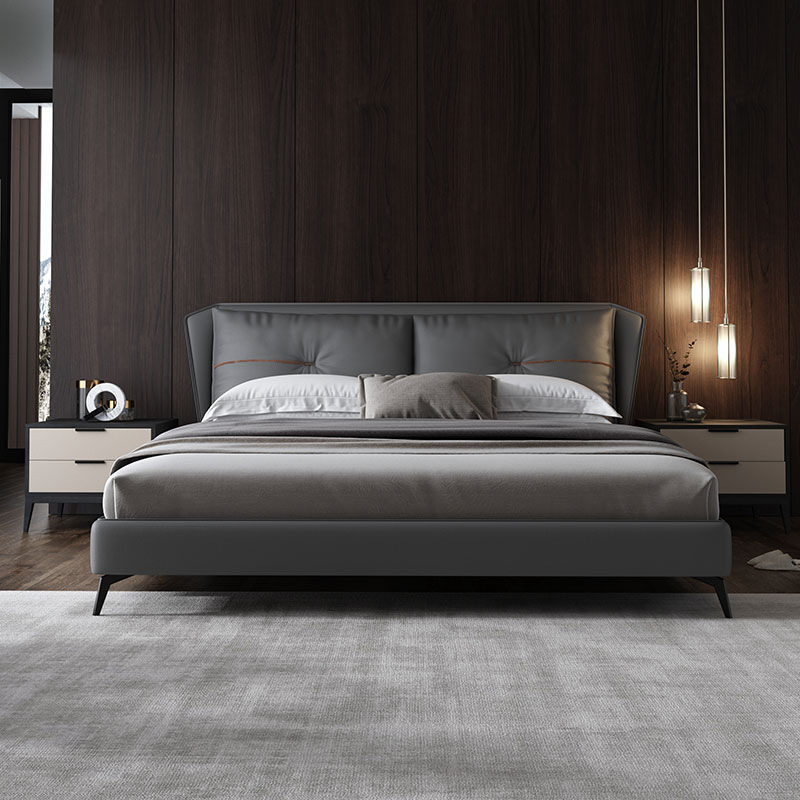 Fábrica de Foshan cama de cuero personalizada italiana cama doble minimalista cama de cuero simple cama de cama principal 1.8m cama de boda gris