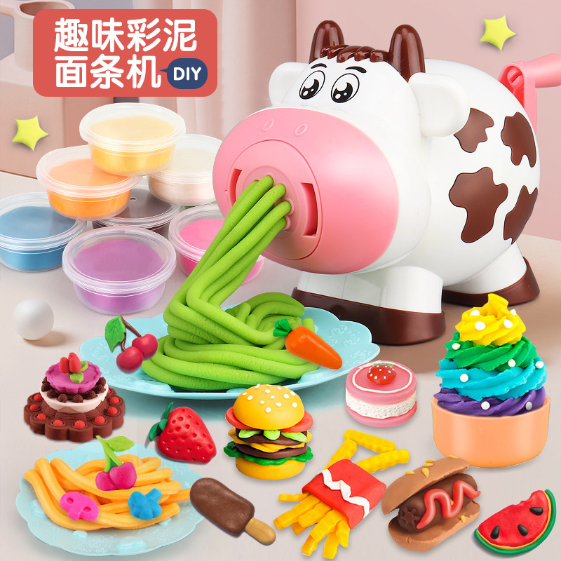 New DIY cartoon colored clay cute cow noodle machine play House children's toy 3D colored clay tableware suit