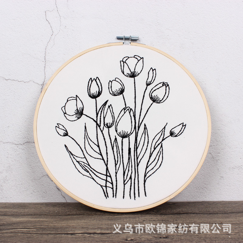 Sketch chica simple pintura hecha a mano DIY tela novato europeo bordado flores y plantas material paquete kit traje de costura