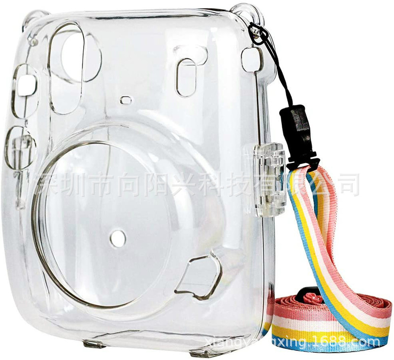 Applicable to Instax Mini 11 transparent protective case, Crystal protective case with adjustable rainbow shoulder strap