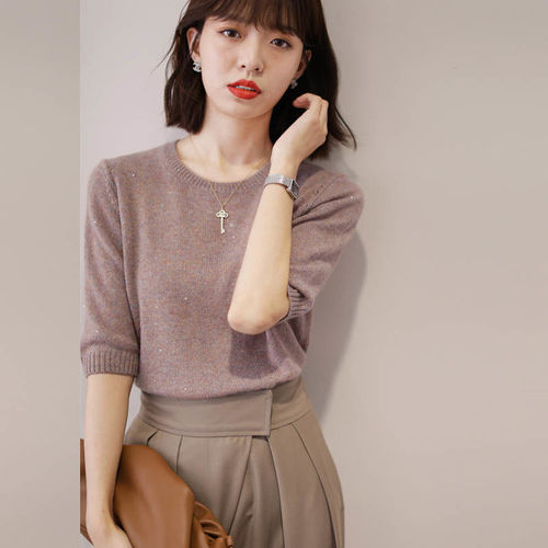 2024 Spring and Autumn New Style Knitwear Women's Glitter Mid-Sleeve Temperament Pullover Top Elegant Sequins Silver Onion Bright Silk Thread