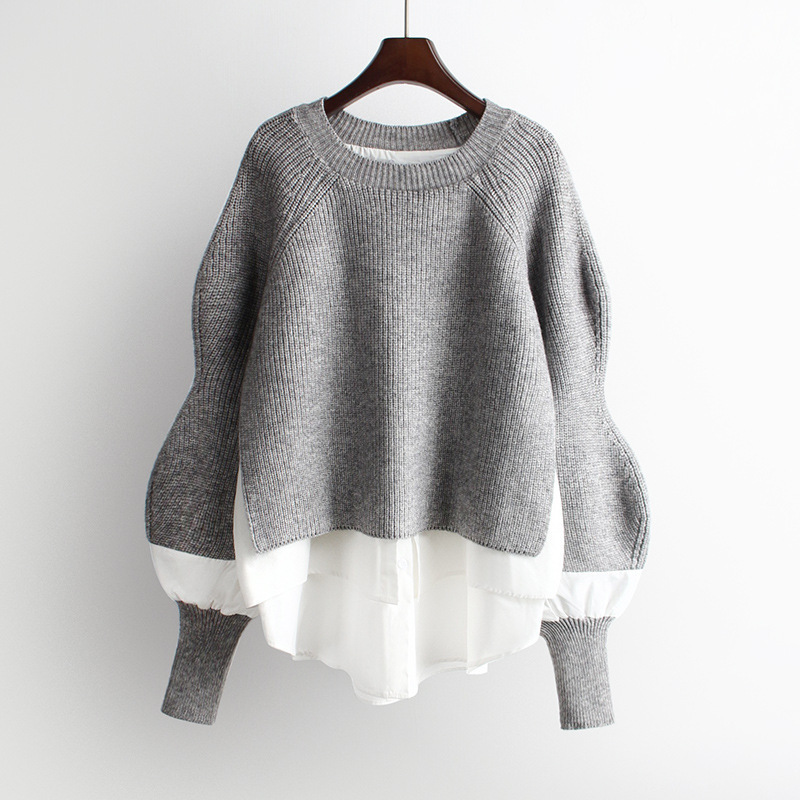 Autumn New Pullover Sweater Women's Stitching Shirt Fake Two-piece Set Women's Loose Stylish Knitted Top Women's Outer Wear