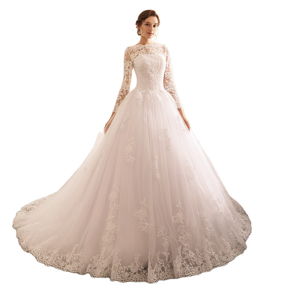 Long sleeve round neck foreign trade European and American wedding dress women's 2023 new large size fashion retro tail puffy Bride wedding dress