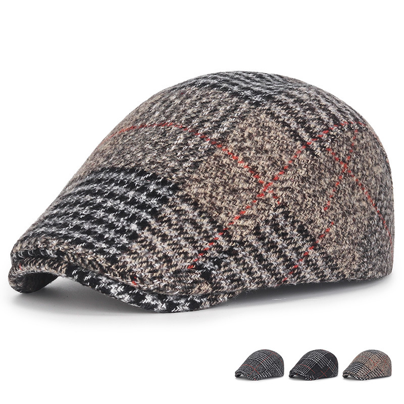 Autumn winter men's women's wool woolen red plaid duckbill fashionable British forward hats, casual and warm berets_voghion.com