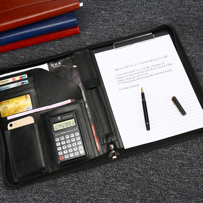 A4 Multifunctional Storage Folder Office Leather Zipper Manager Clip Calculator Business Contract Board Clip
