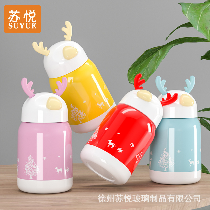 Double-Layer Glass Cup with Cartoon Deer Design, Sports Advertising Cup, Promotional Water Cup with Lid, Leak-Proof and Portable