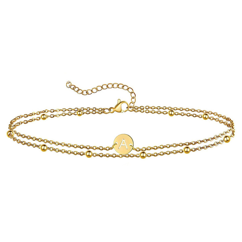 Ins Style Simple Stainless Steel Bead Chain Bracelet Niche Design Initial Letter Round Plate Double Layer Bracelet Popular Jewelry