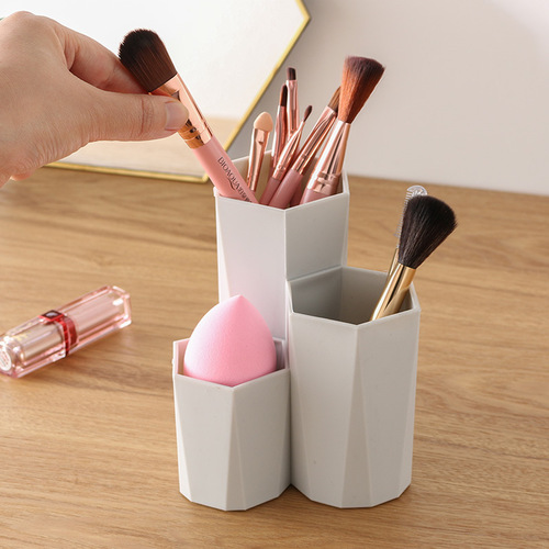 Pen holder, makeup holder, beauty brush and eyebrow pencil storage, 3-compartment ladder plastic Korean style desktop storage box